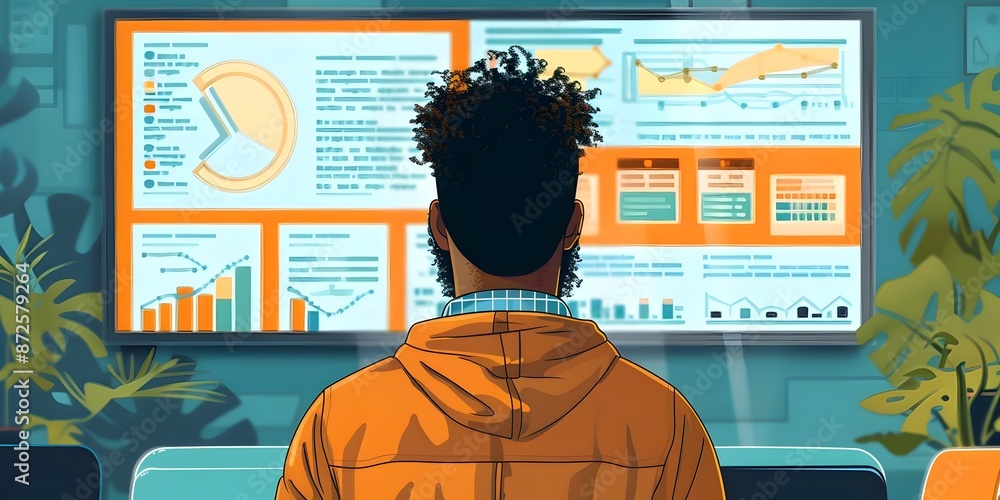 Poster focused individual attending a financial planning workshop with digital analytics displayed