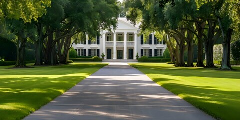 Obraz premium Elegant colonial mansion with treelined driveway stately columns and grandeur. Concept Luxurious Architecture, Colonial Elegance, Stately Columns, Grandeur, Tree-lined Driveway