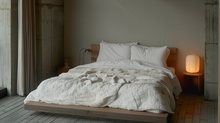 Bedroom with a low platform bed, white bedding, and a single bedside lamp