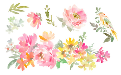 A set of vector illustrations of abstract pink, yellow, and white flowers and birds painted in watercolor; background illustrations of flowers and plants painted in watercolor