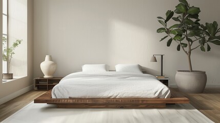 Bedroom with a low platform bed, white bedding, and a simple bedside lamp