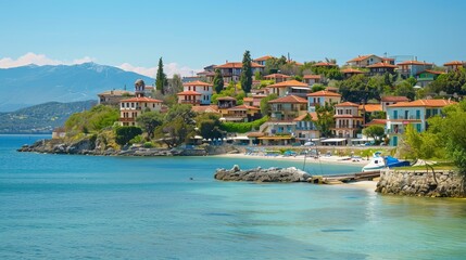 Ammouliani Island, located in Athos, Chalkidiki, Central Macedonia, Greece, featuring its charming townscape and scenic coastal views, captured in a serene setting on April 3, 2015.