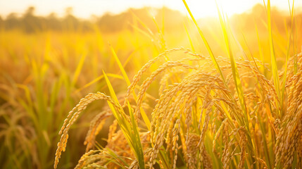 A field of brown rice during harvest, golden shades against the setting sun in the background, reflecting a natural source.