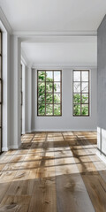 Fototapeta premium Empty room interiors in dark contrasting colors with a window filling the room with natural lighting and ample copy space. Residential interiors design, architectural concept image.
