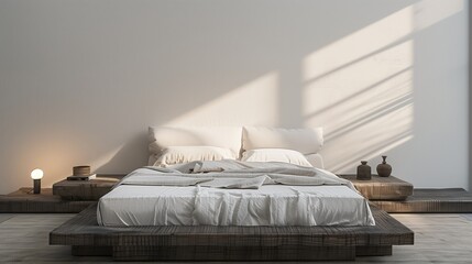 Bedroom with a low platform bed, white bedding, and a single bedside lamp