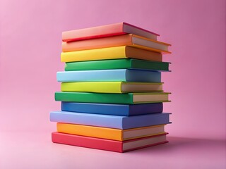 Fototapeta premium Vibrant rainbow-hued books stacked on a soft pink background, symbolizing diversity, inclusivity, and the rich stories of the LGBTQ+ community in a playful yet powerful visual.