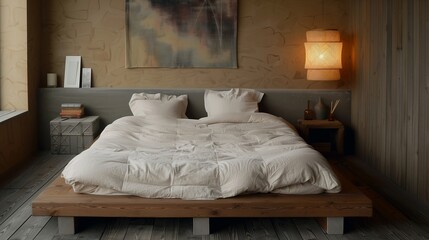 Bedroom with a low platform bed, white bedding, and a single bedside lamp