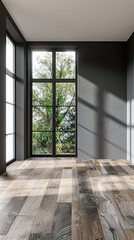Fototapeta premium Empty room interiors in dark contrasting colors with a window filling the room with natural lighting and ample copy space. Residential interiors design, architectural concept image.