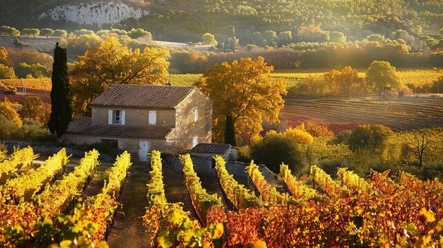 Autumn vineyards in the Languedoc region of southern France, showcasing rows of vines adorned with colorful leaves, set against the backdrop of rolling hills and quaint villages. 