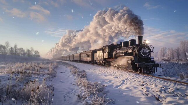 Locomotive with smoke in winter landscape. Vintage train traversing snowy terrain with steam billowing.
 Seamless looping 4k time-lapse virtual video animation background. Generated AI