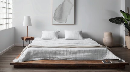Bedroom with a low platform bed, white bedding, and a simple bedside lamp