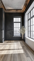 Fototapeta premium Empty room interiors in dark contrasting colors with a window filling the room with natural lighting and ample copy space. Residential interiors design, architectural concept image.