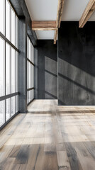 Empty room interiors in dark contrasting colors with a window filling the room with natural lighting and ample copy space. Residential interiors design, architectural concept image.