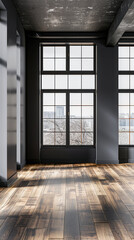 Empty room interiors in dark contrasting colors with a window filling the room with natural lighting and ample copy space. Residential interiors design, architectural concept image.