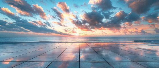 Empty square floor overlooking picturesque coastline at sunrise with beautiful sky filled with clouds