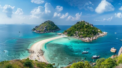 Fototapeta premium The beautiful island of Koh Nang Yuan, situated near Koh Tao in Thailand, known for its pristine beaches, crystal-clear waters, and stunning views from its viewpoints overlooking the Gulf of Thailand.