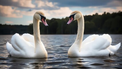 Fototapeta premium Two graceful white swans, with feathers like snow, swim in calm lake water reflecting their beauty