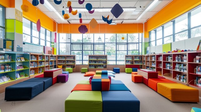 Bright and vibrant school library with sleek seating and playful decorations