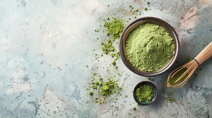 A bowl filled with powdered matcha tea, accompanied by a traditional scoop, set against a light background, showcasing the elegance and ritual of Japanese tea culture.