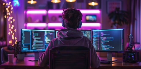 Fototapeta premium Young Person Working Late at Night on Computer With Pink Lighting