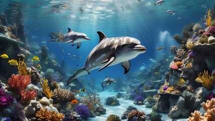 Fototapeta premium With fish and sea plants in the backdrop and two dolphins swimming around the coral reef, the image displays an underwater scene.