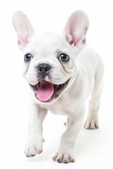 A white French Bulldog puppy is shown in a full body shot with a happy, smiling expression and teeth showing as it walks with intricate details and a highly detailed pose against a white background. 