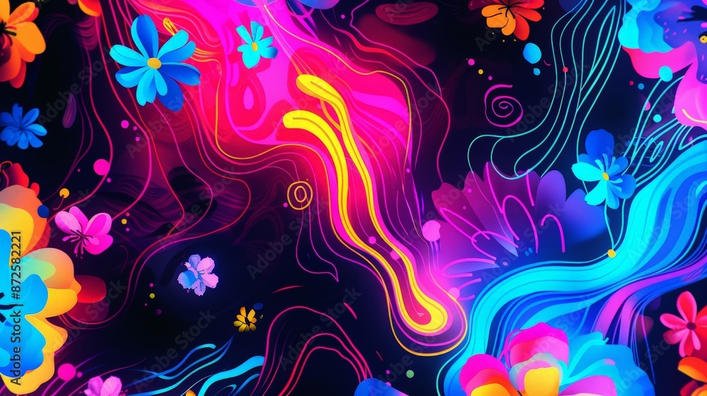 Poster create a vibrant psychedelic scene with swirling neon colors and abstract patterns, reminiscent of a