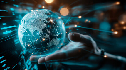 Digital screen displaying an interactive 3D globe, with hands zooming in on a continent to highlight global connectivity and technological advancement.