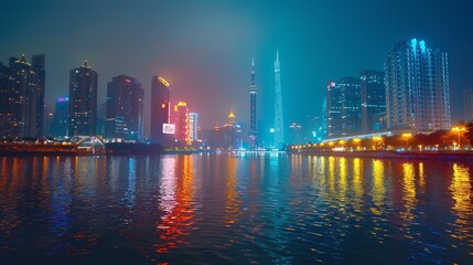 Fototapeta premium The cityscape of Guangzhou, showcasing its modern skyline, bustling streets, and vibrant urban atmosphere.