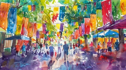 Fototapeta premium Create a watercolor painting of a lively street festival, with colorful banners, joyful crowds, and street performers adding vibrancy to the scene.