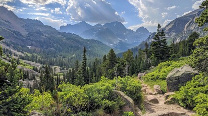 Fototapeta premium Scenic mountain vistas along a hiking trail in Rocky Mountain National Park.