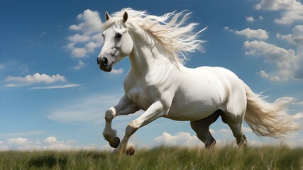 A majestic white stallion runs freely in the vast green grassland, his mane billowing in the breeze like a banner of freedom.