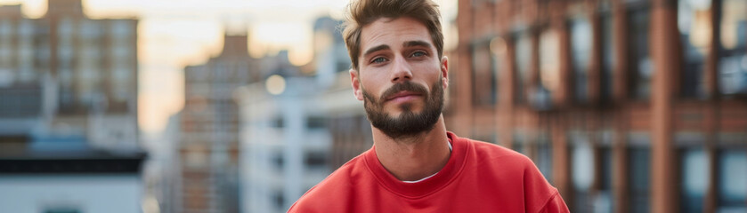 Obraz premium Young bearded man in red sweatshirt poses confidently against city backdrop