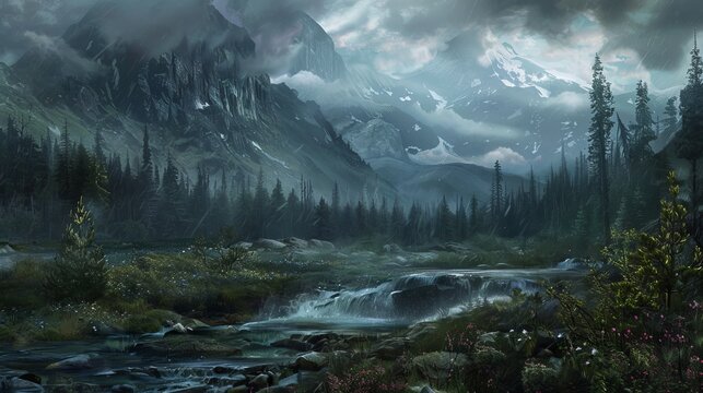 A northern landscape typically includes elements like snow-covered mountains, icy lakes, evergreen forests, and perhaps the aurora borealis shimmering in the sky.