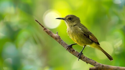 Obraz premium An Olive-backed Sunbird perched gracefully on a branch, set against a lush green background typical of Thailand's natural landscapes.