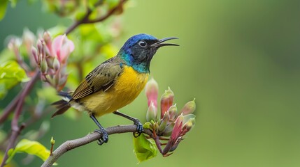 Fototapeta premium An Olive-backed Sunbird perched gracefully on a branch, set against a lush green background typical of Thailand's natural landscapes.