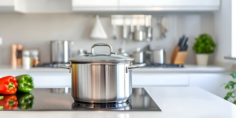 Contemporary kitchen featuring stainless steel pot on induction stove. Concept Kitchen Design, Stainless Steel, Induction Stove, Contemporary Decor, Modern Layout