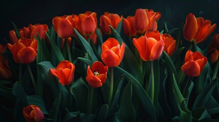 Orange tulips contrasting beautifully against a dark background, highlighting their vibrant color and elegant petals in a striking floral composition.