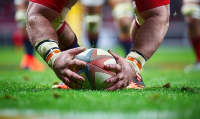 A rugby player's hands gripping the ball, with the field and players in the background