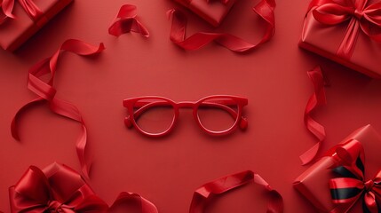 A top-down view of red glasses, a red bow, and gifts arranged on a matching red background, creating a festive and coordinated composition.