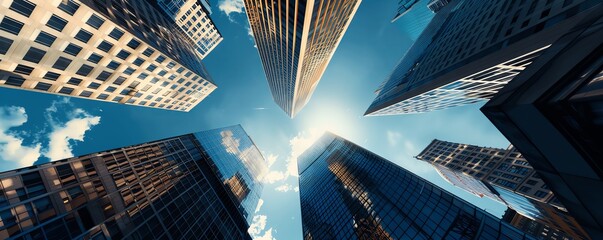 Low angle view of skyscrapers reaching for the sky.