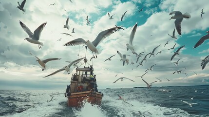 Seagulls soaring gracefully above a fishing boat in Hokkaido, Japan, adding a touch of coastal charm to the scenic maritime scene.
