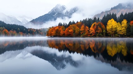 Fototapeta premium Misty autumn morning with vibrant foliage reflected in a still lake, snow-capped mountains in the background.