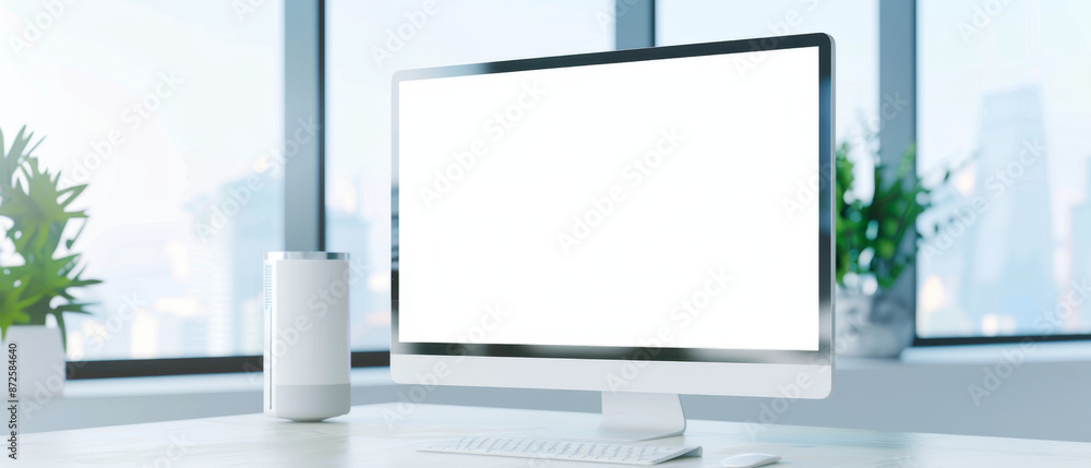 Aufkleber modern office desk with a blank screen desktop monitor for website or software display mockup