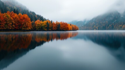 Obraz premium Serene autumn landscape with vibrant foliage reflected in a calm lake, creating a peaceful and picturesque scene.