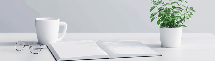 Fototapeta premium Mockup of brochure spread on minimalist table for print designs display.