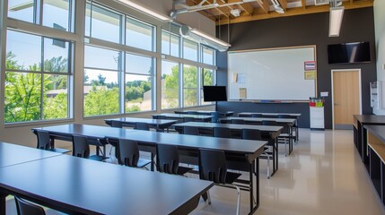 Classroom with modern black desks, a large whiteboard, and plenty of natural light