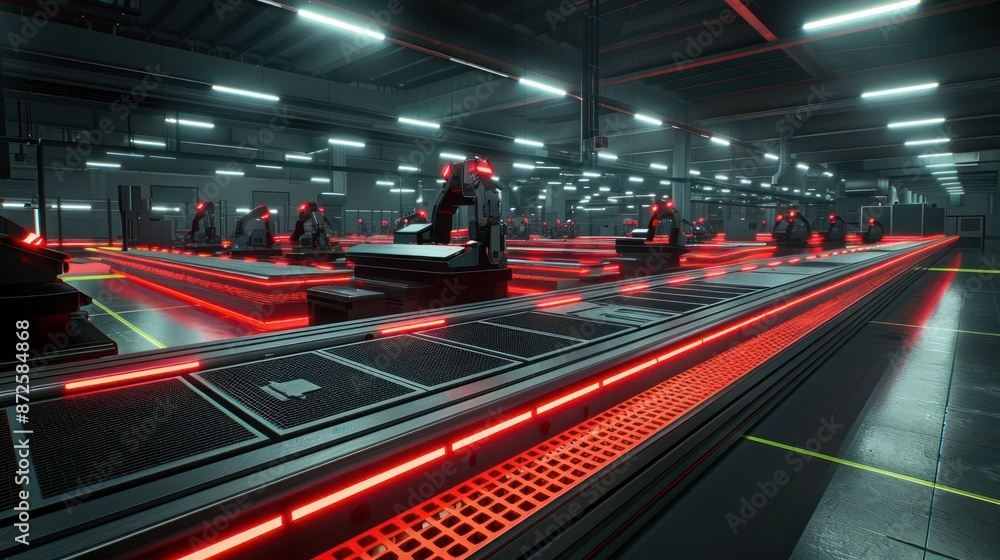 Poster a futuristic industrial setting with red lights and robots