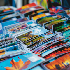 Close-up view of leaflets arranged on a table at a trade show, each representing different companies and promotions, set against a bustling, colorful background. 
