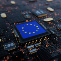 Flag of EU on a processor, CPU or Chip